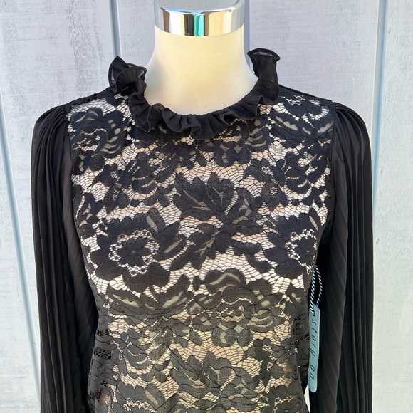 Story On Pleated Sleeve Lace Blouse Top Sheer Black See-Through - Picture 4 of 11